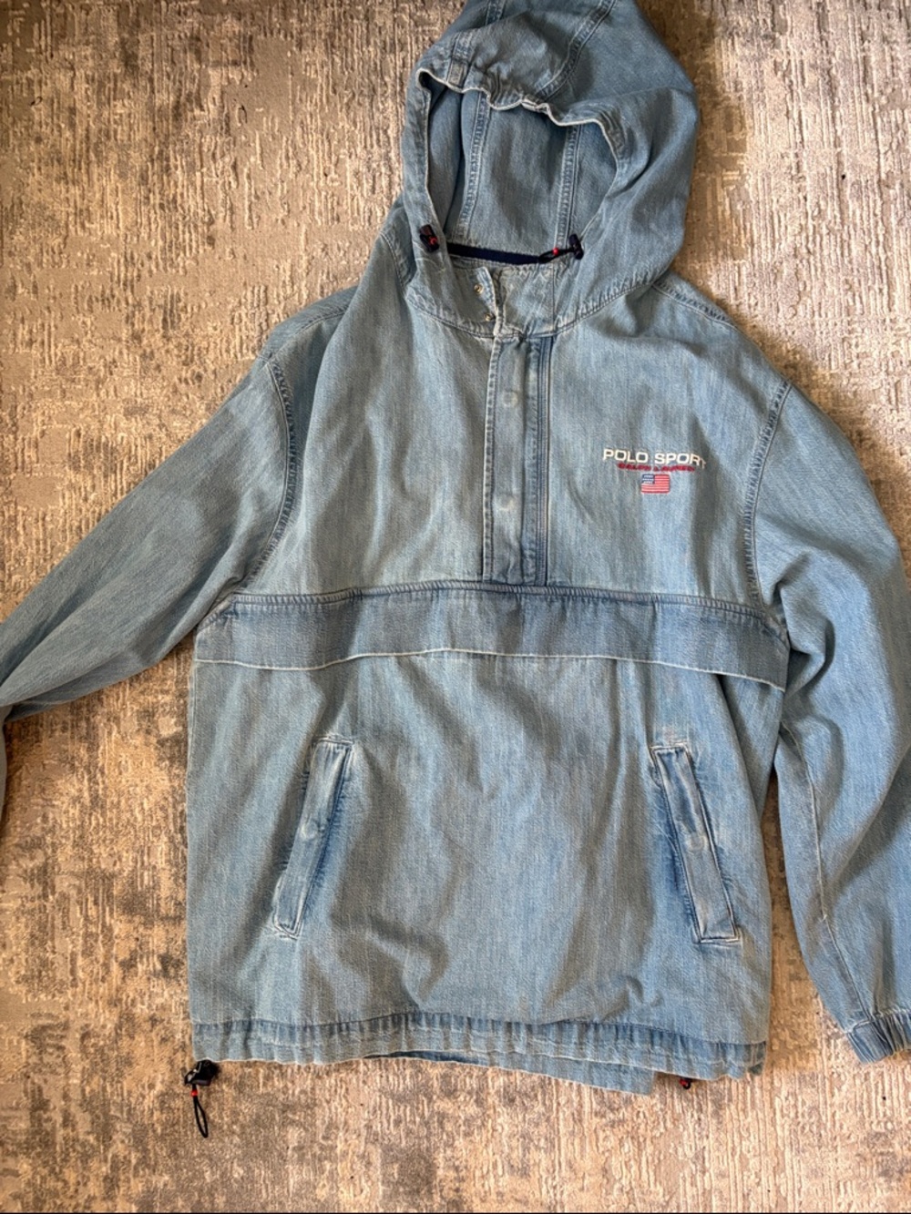 Ralph Lauren Polo Sport Light Blue Denim Hoodie with Embroidered Flag